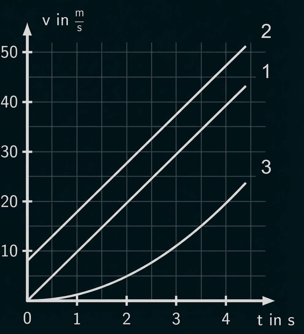 v-t-Diagramm mit drei Kurven (zwei linear, eine gekrümmt), Achsen t in s und v in m/s, Beschriftungen 1–3